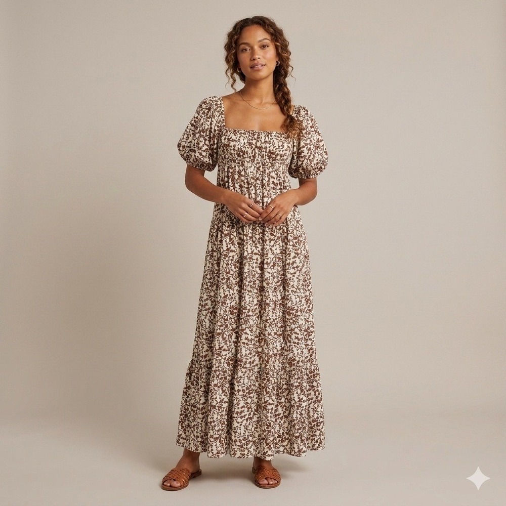 NEW Matteau Shirred Tiered Organic Cotton Maxi Dress Santal Brown Floral Size 2